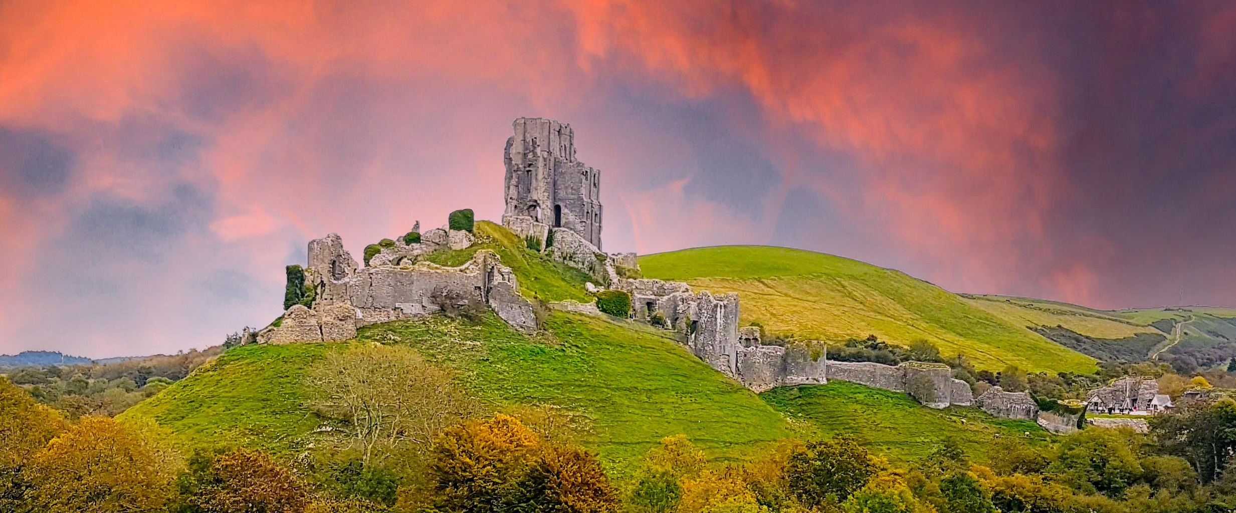 Corfe Castle ruins on a hilltop in Dorset